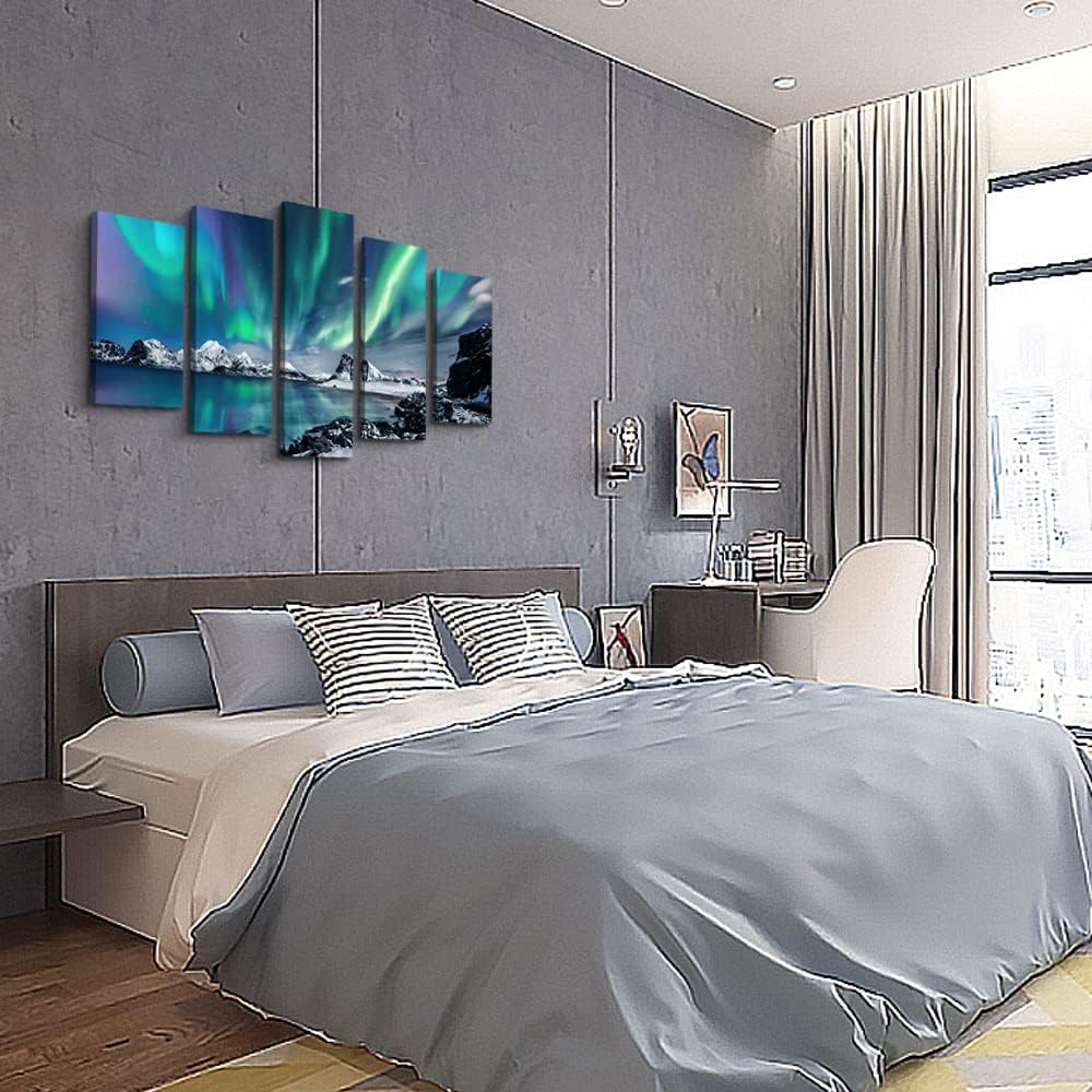 Large Canvas Wall Art Set - Blue Aurora Scenery Paintings - Modern Canvas Art Prints Ready to Hang - 5 Piece Set