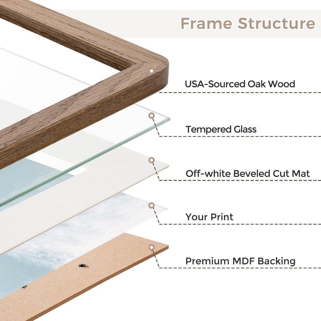 24x36 Poster Frame | Solid Oak Wood 24 x 36 Picture Frame | 24x36 Poster Frame With Mat For 20x30 | Tempered Glass