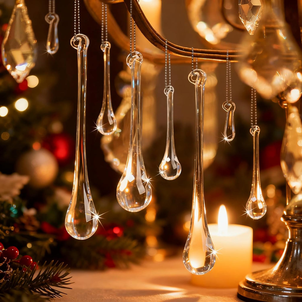 Handmade Glass Crystal Teardrop Christmas Ornaments, Clear Decor - Set of 64