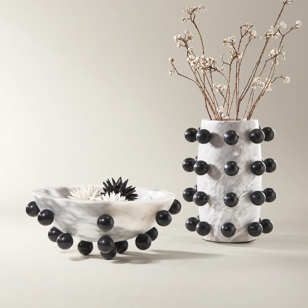 Borra Grey Marble Contemporary Decorative Bowl | Contemporary Centerpiece, Entryway Catchall, Black Marble Orb Accents