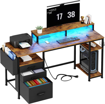 Gaming Desks with Led Lights and Power Outlets, 55 Inch Study Writing Computer Desk with Fabric File Drawers Cabinet