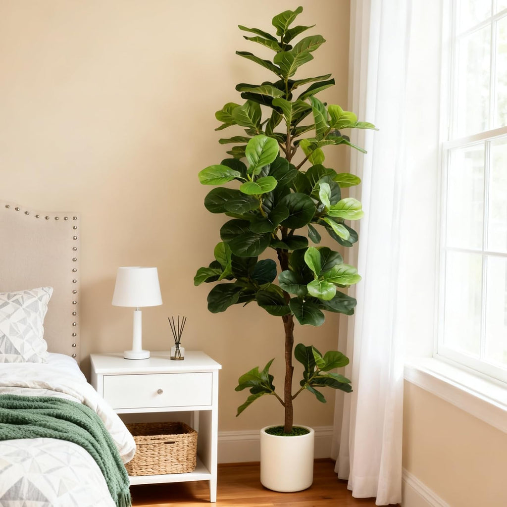 6FT Artificial Fiddle Leaf Fig Tree with White Planter & Fake Moss, Realistic Faux Ficus Lyrata Floor Plant Home