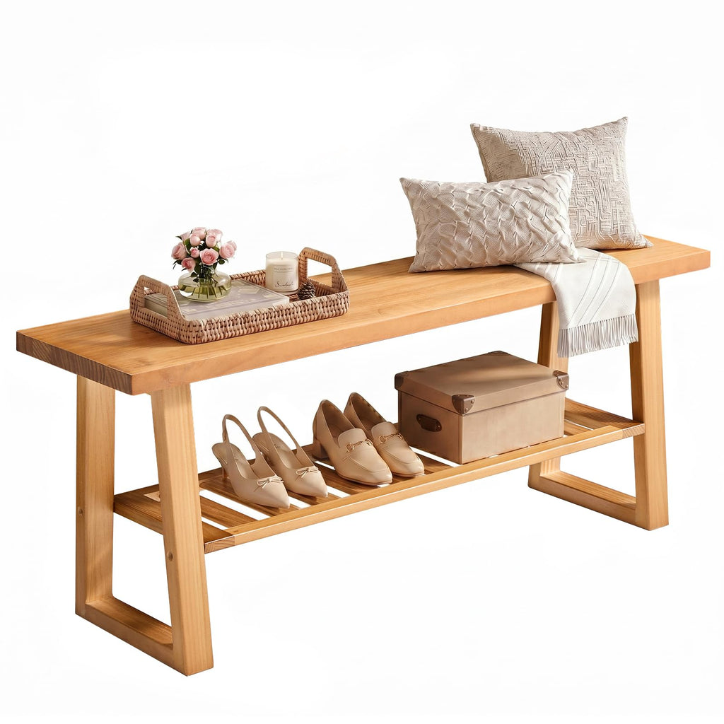 43" Pine Wood Entryway Bench with Shoe Storage Shelf