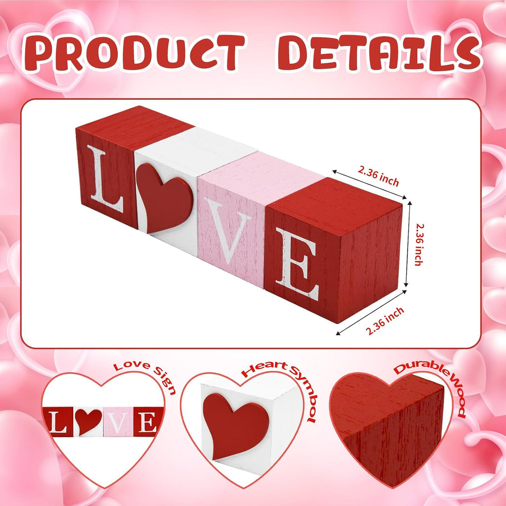 Valentines Day Decorations Love Signs, 3D Heart Wooden Sign Rustic Valentines Day Table Decor Farmhouse Tiered Tray - Set of 4