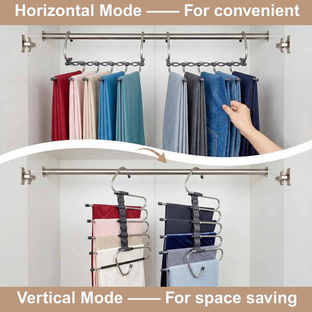 Pants Hangers Space Saving, 5 Tier Jeans Hanger for Closet, Black Multiple Heavy Duty Stainless Steel Pant Rack for