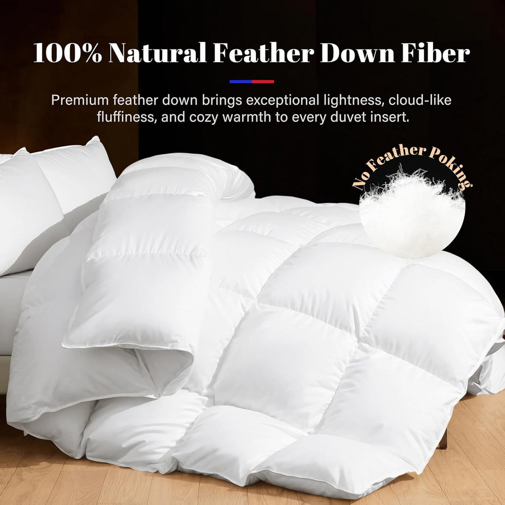 Feather Down Comforter King Duvet Insert, Light Weight True Baffle-Box Noiseless Bedding Comforters