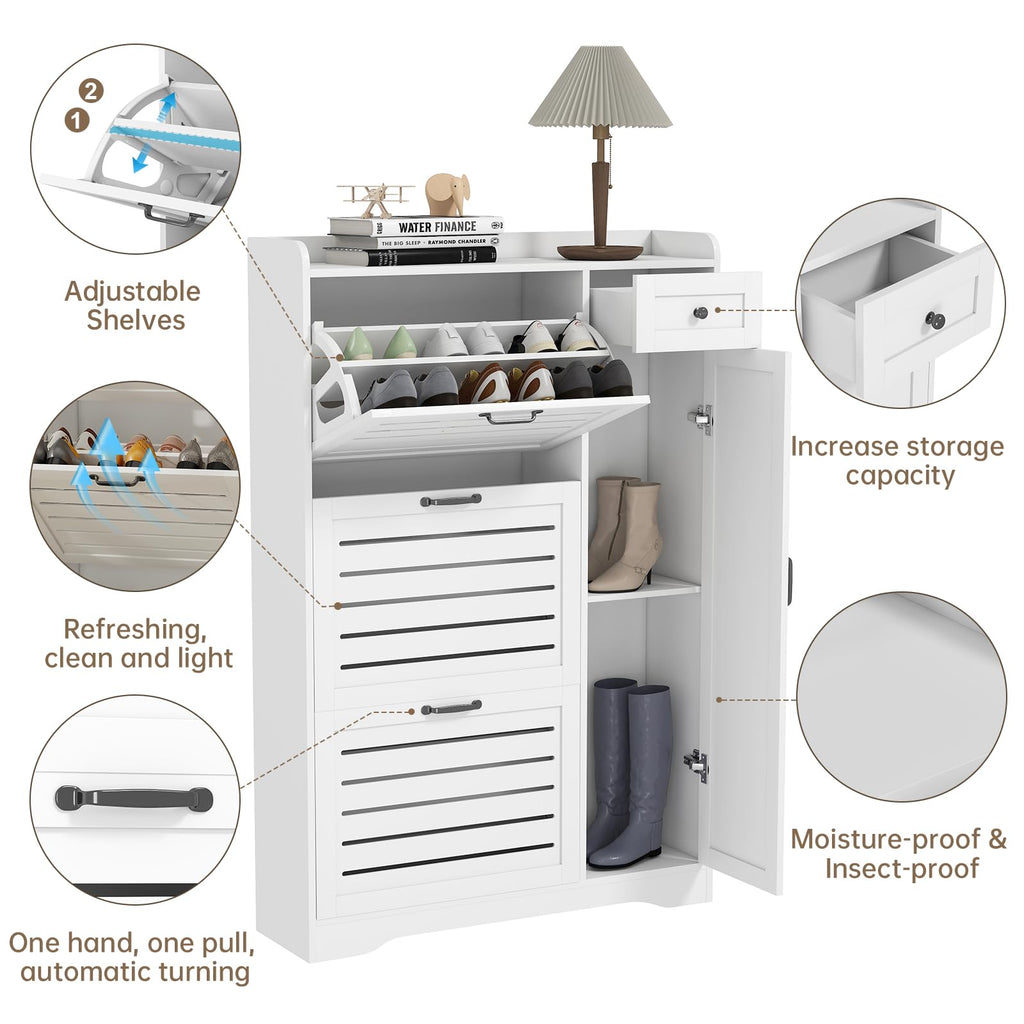 Shoe Storage Cabinet with 3 Flip Drawers, Freestanding Hidden Wooden Shoe Storage, Drawer & Adjustable Shelves, Slim