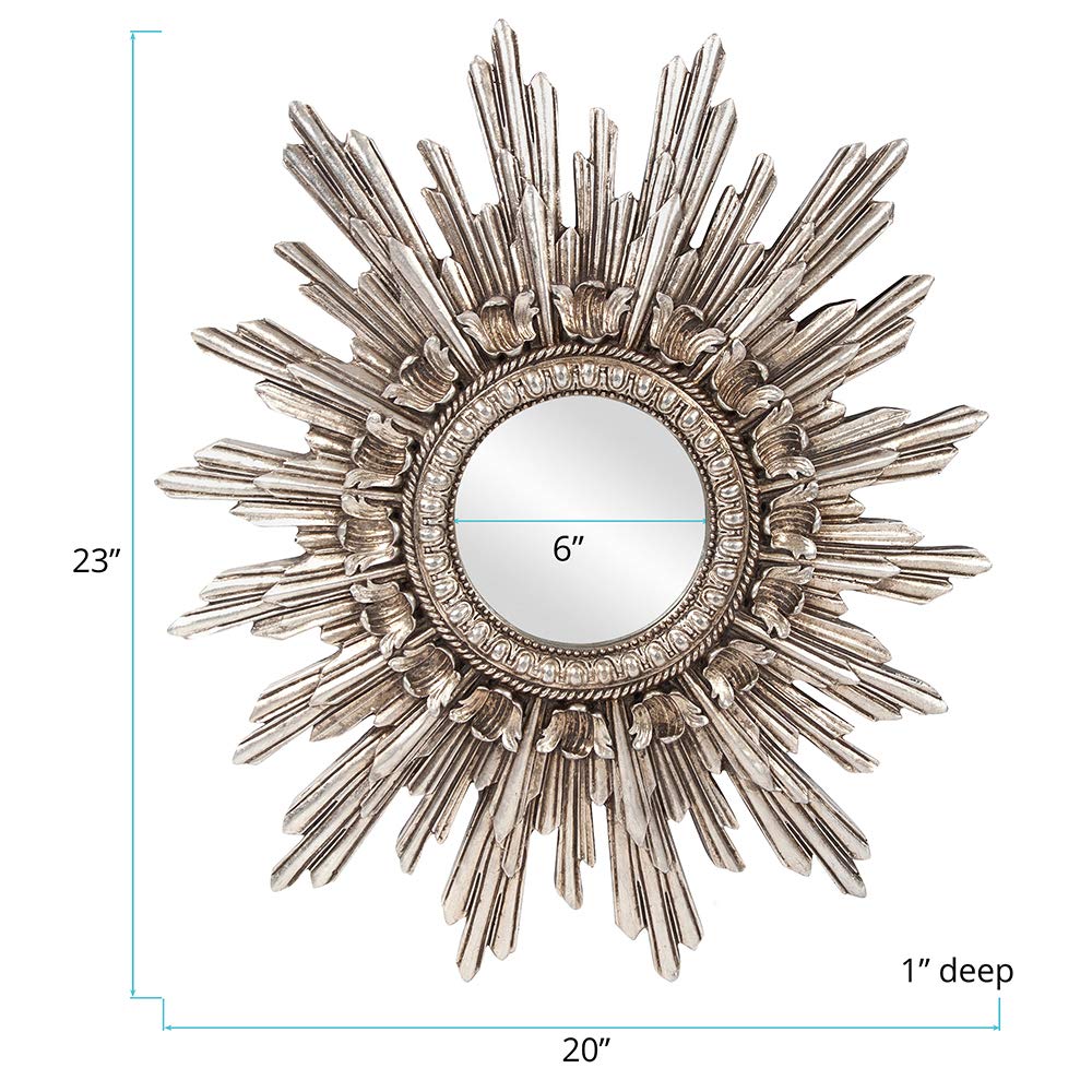 Chelsea Antique Starburst Mirror, Showpeice Round Decorative Focal Point Glass Mirror, Silver, 20" x 26" x 2"