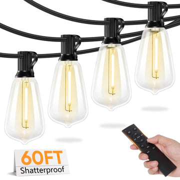 LED Outdoor String Lights with Remote, 60FT Patio Lights Outdoor Waterproof with 19 Shatterproof ST38 LED Edison