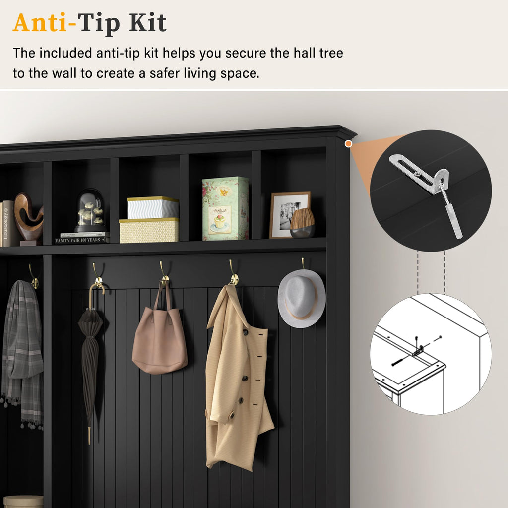 Hall Tree Wood Entryway Coat Rack with Shoe Bench, Hooks and Drawers (Antique Black)