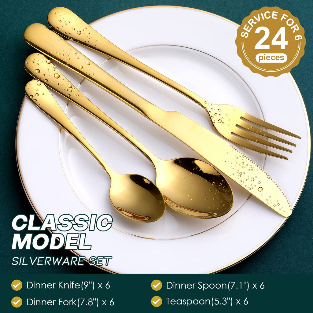 Gold Silverware Set, 24-Piece Gold Forged Stainless Steel Flatware Set, Service of 6