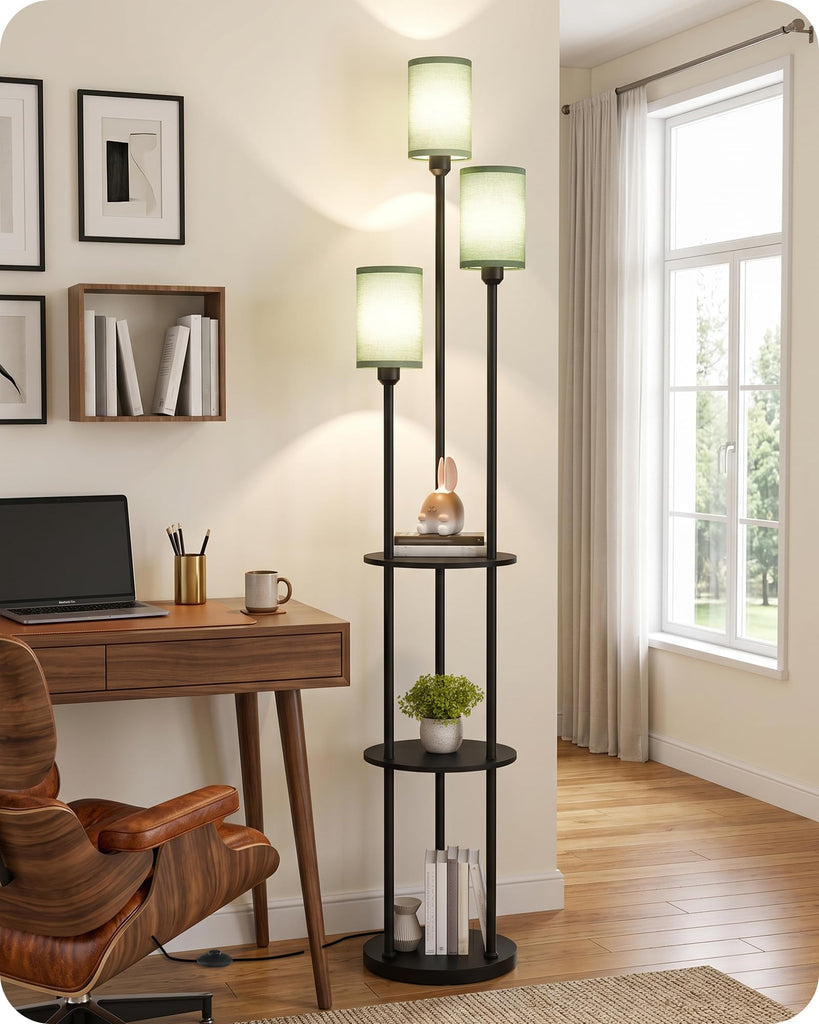 Floor Lamp with Shelves, Modern Floor Lamp with 3 Linen Shades and Foot Switch, 3-Light Standing Lamp, Study, Office