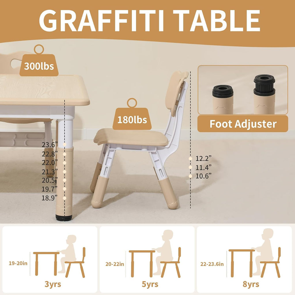 Toddler Table and Chairs, Kids Table and 4 Chairs Set with Graffiti Desktop, Height-Adjustable Kids Study Table