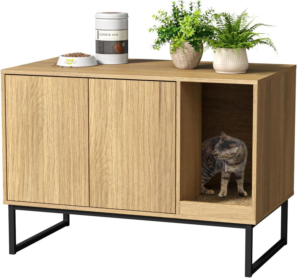 Cat Litter Box Enclosure, Fluted Hidden Litter Box Furniture with Scratch Pad and Metal Legs, Modern Enclosed Cat
