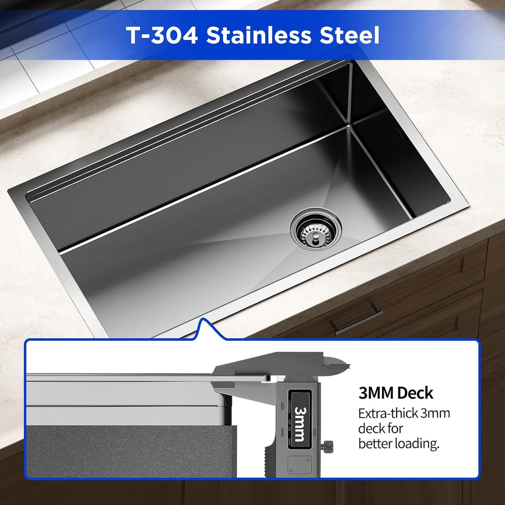 32‐Inch Nano‐Coated Stainless Steel Workstation Sink, 10′′ Deep Single Bowl Undermount Kitchen Sinks, Handmade