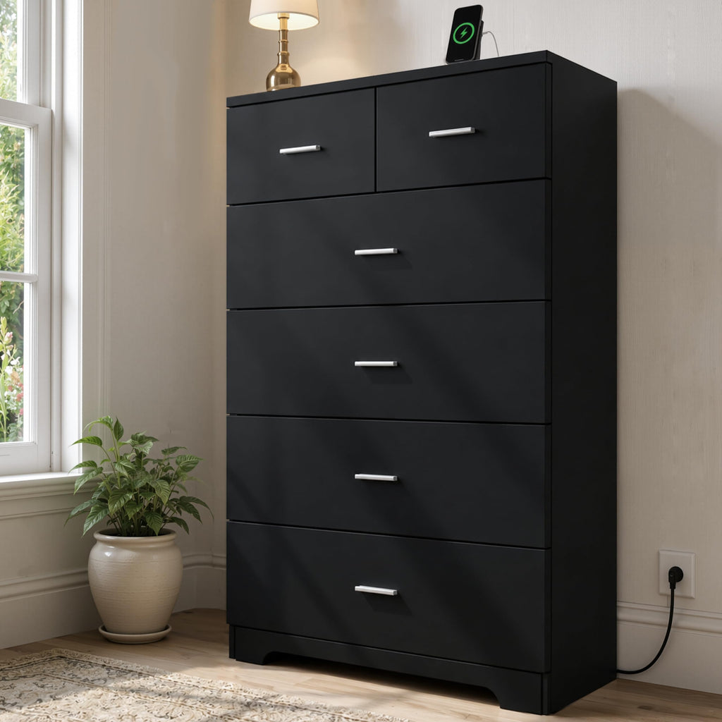 Tall Dresser Wooden 6 Drawer Dresser with Power Outlet Chest of Drawers with Large Organizer and Smooth Metal Rail