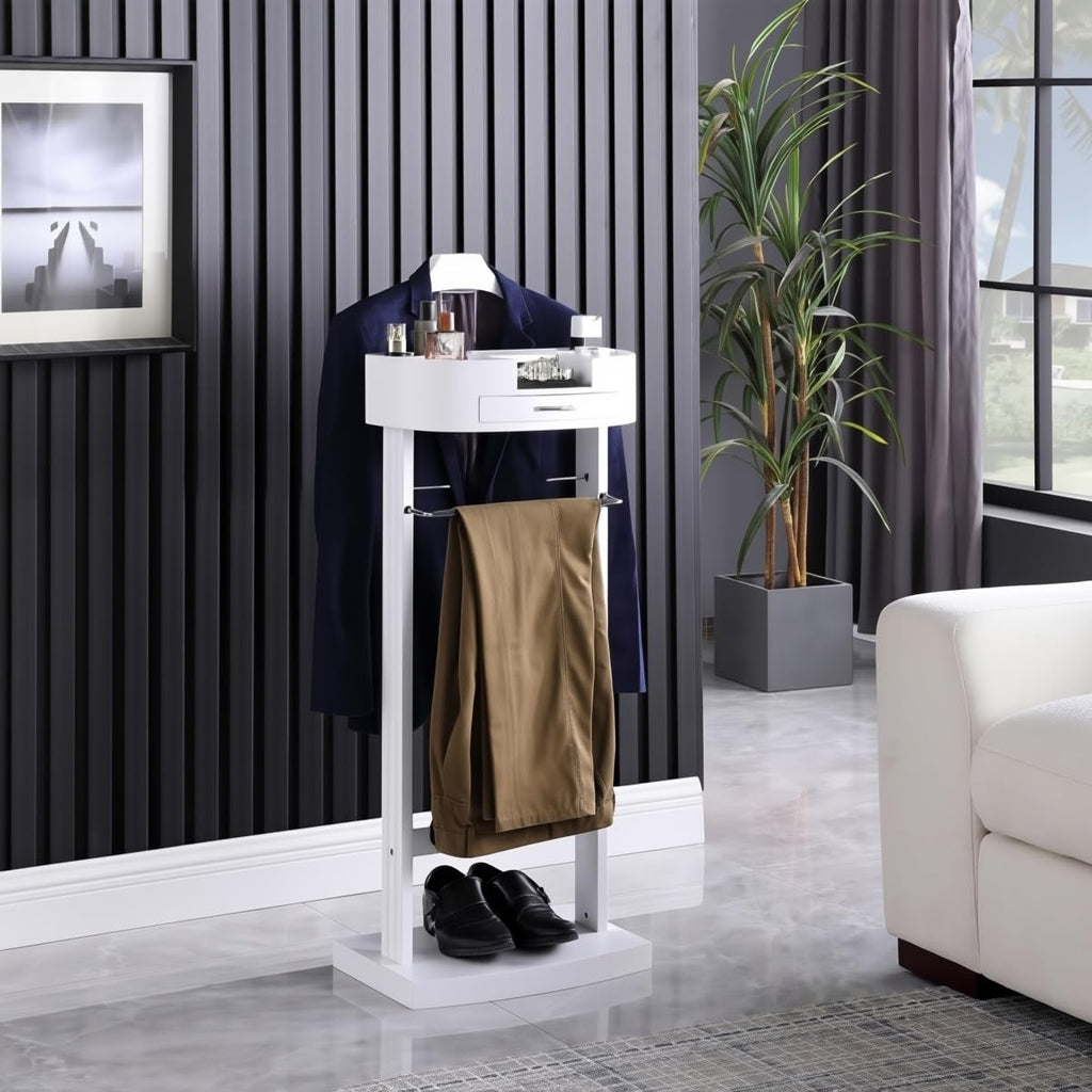 Suit Valet Stands with Hanger, Pant Hanger and Metal Shoe Rack Wood Modern Standing Hanger with Storage Organizer