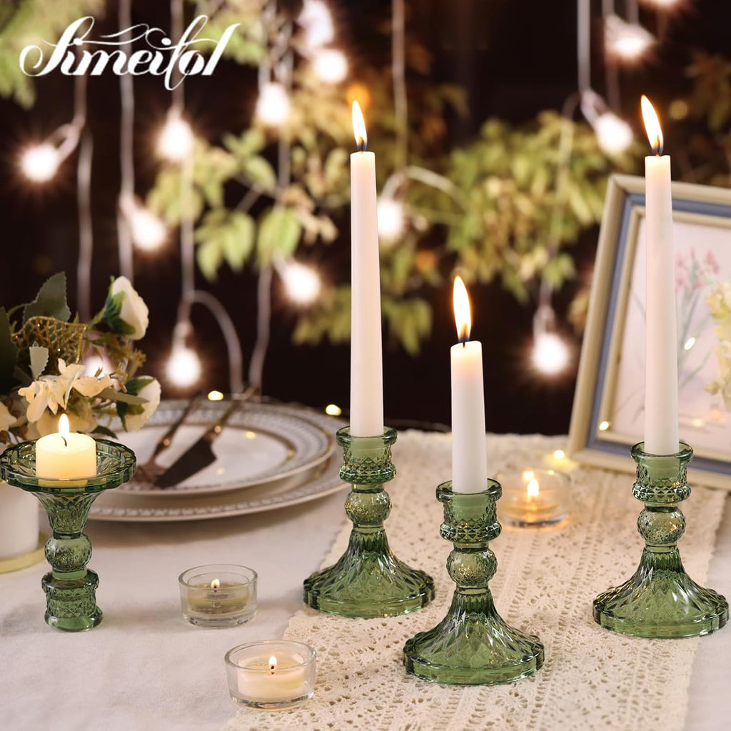 Glass Candle Holder Set of 12, Green Taper Candle Holders Bulk, Vintage Candlestick Holders, Candle Stick Holder for