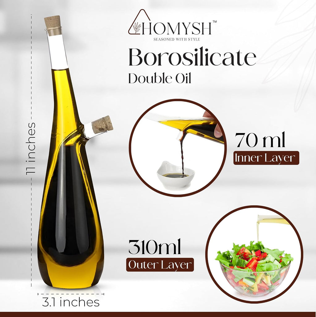 Oil and Vinegar Dispenser Bottle 2-in-1, Glass Cruet Set, Dual-Chamber Olive Oil & Vinegar Dispenser, Cork Stoppers
