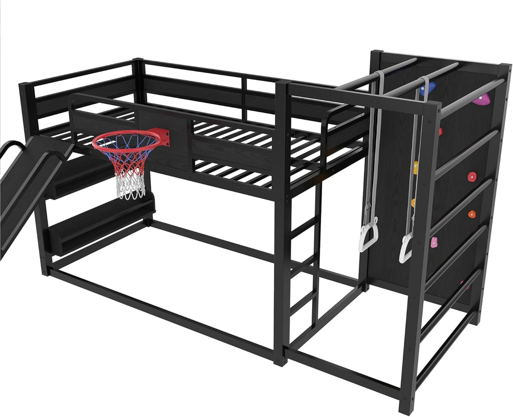 Twin Bunk Bed with Basketball Hoop, Pull-up Rings and Climbing Wall, Twin Bunk Bed with Slide and Bookcase