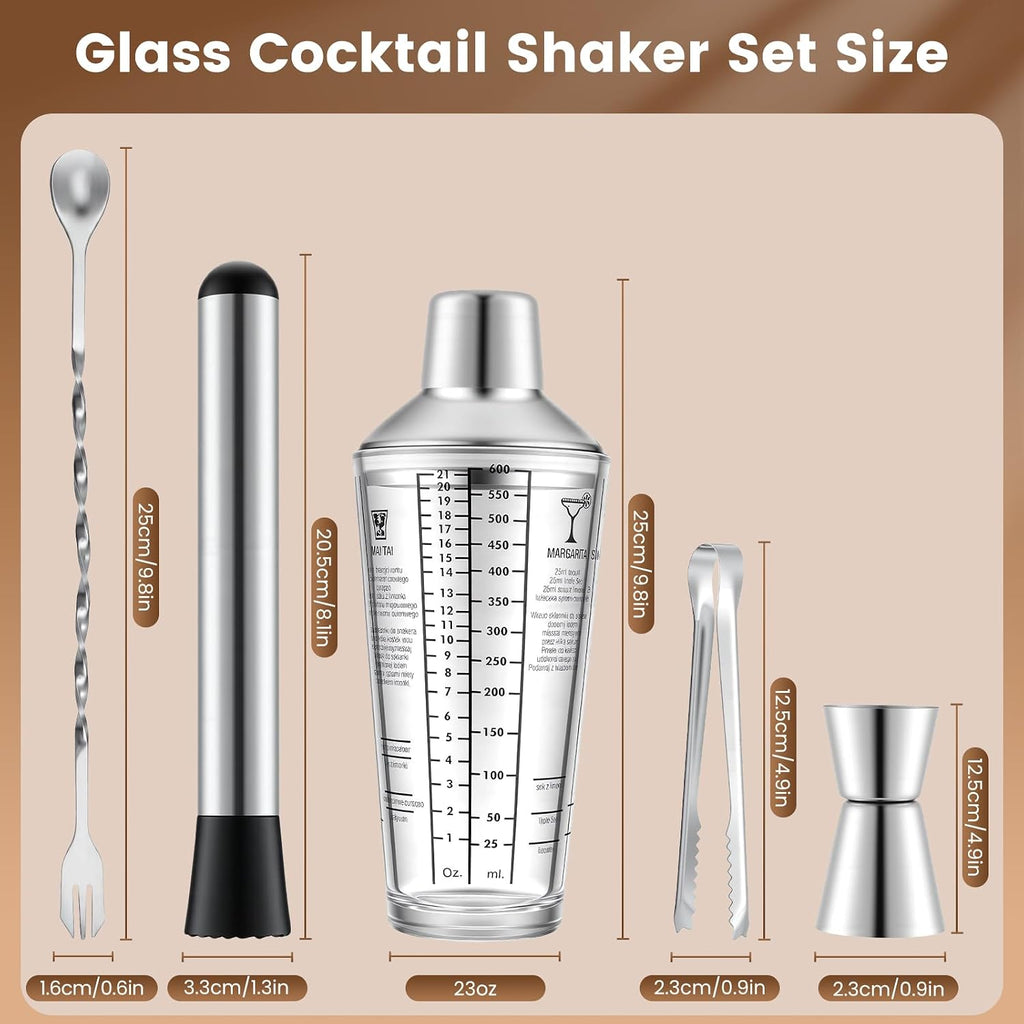 Glass Cocktail Shaker Set, 23oz Bartender Kit with Built-in Strainer, Ice Tongs, Measuring Jigger, Muddler & - Set of 3