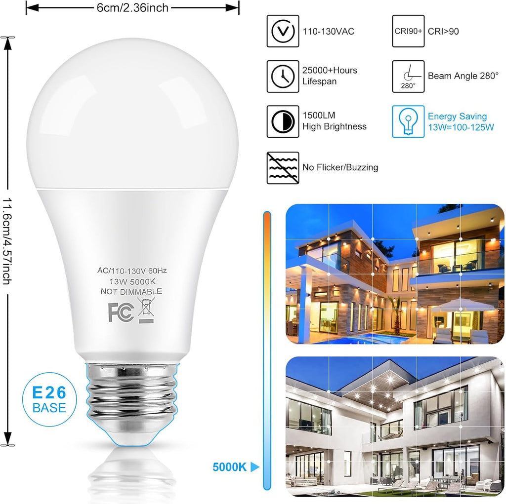 LED Light Bulbs, 100 Watt Equivalent A19, 13W 5000K Daylight White 1500 Lumens Non-Dimmable Bright E26 Edison Medium