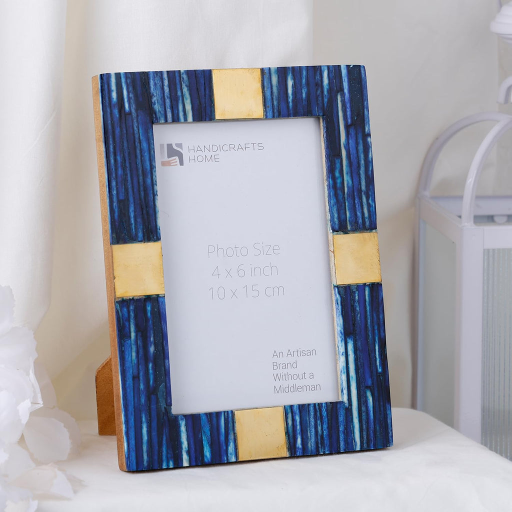 6x4 Blue Picture Frame, Handmade Bone Inlay & Brass Photo Frame for Tabletop or Wall Display, Decorative Frame for