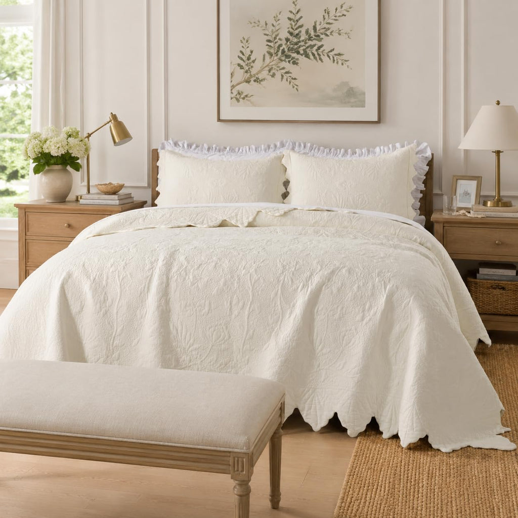 Cotton Quilt Set Scalloped Stitching Matelasse Coverlet 3PC