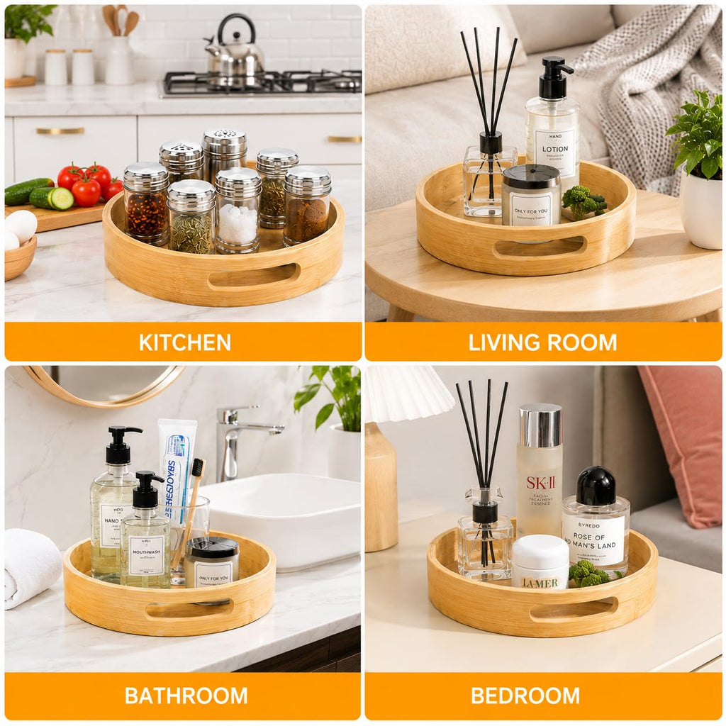 Bamboo Lazy Susan Turntable Organizer 10 in - Round Rotating Spice Rack with Handles,Wood Turntable Cabinet