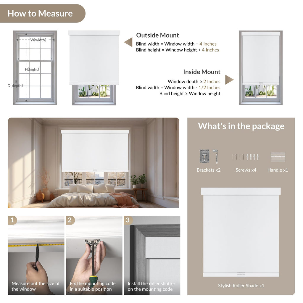 Cordless Blackout Roller Shades for Windows, White
