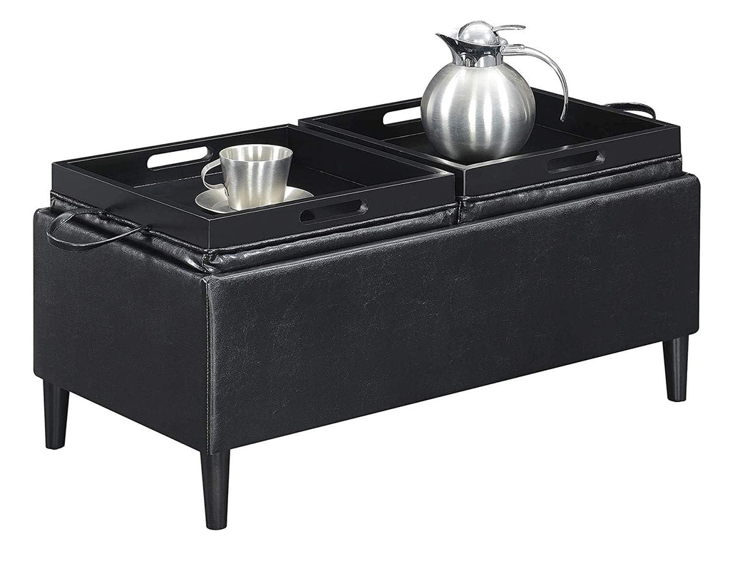 Designs4Comfort Magnolia Storage Ottoman with Reversible Trays, Black Faux Leather