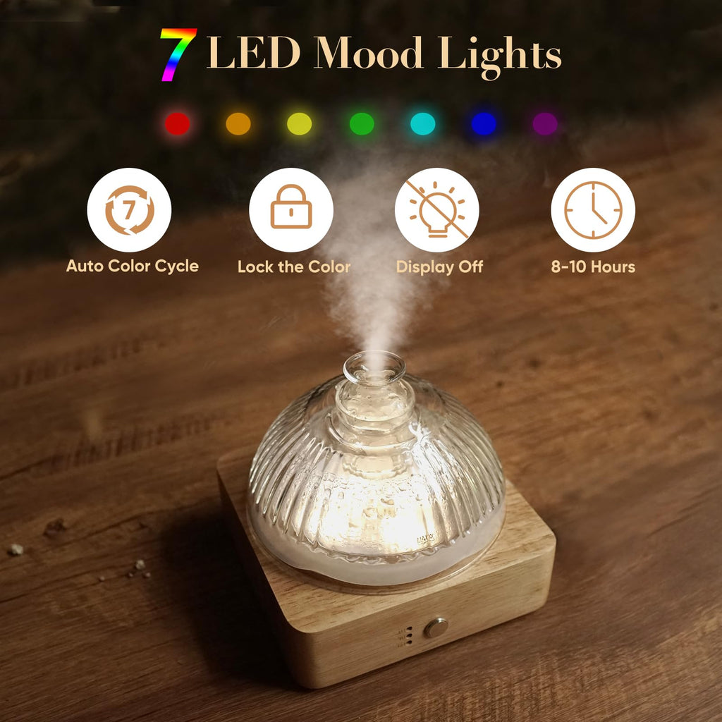 Glass Dome Essential Oil Diffuser with Glass Reservoir & Wood Base-No Plastic, 200ml Ultrasonic Diffuser for