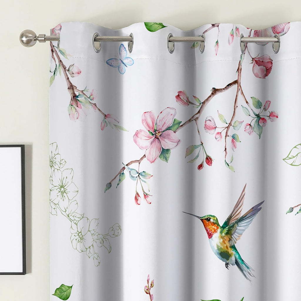 Spring Curtains 96 Inches Long, Floral Bird Branch Living Room Blackout Curtains Room Darkening, Farmhouse Light