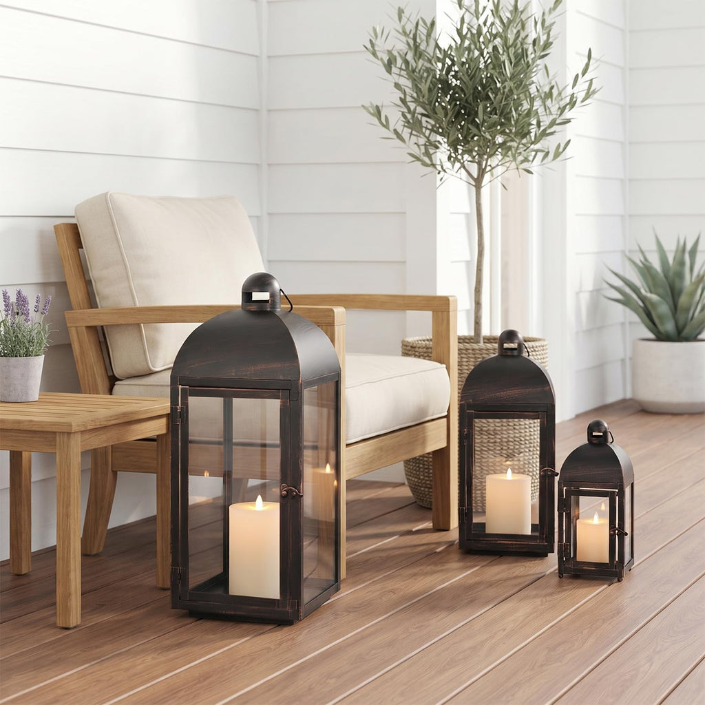 Lanterns Decorative Outdoor & Indoor, Set of 3 Outdoor Lanterns for Porch, 23" Large Candle Lantern, Bronze Metal