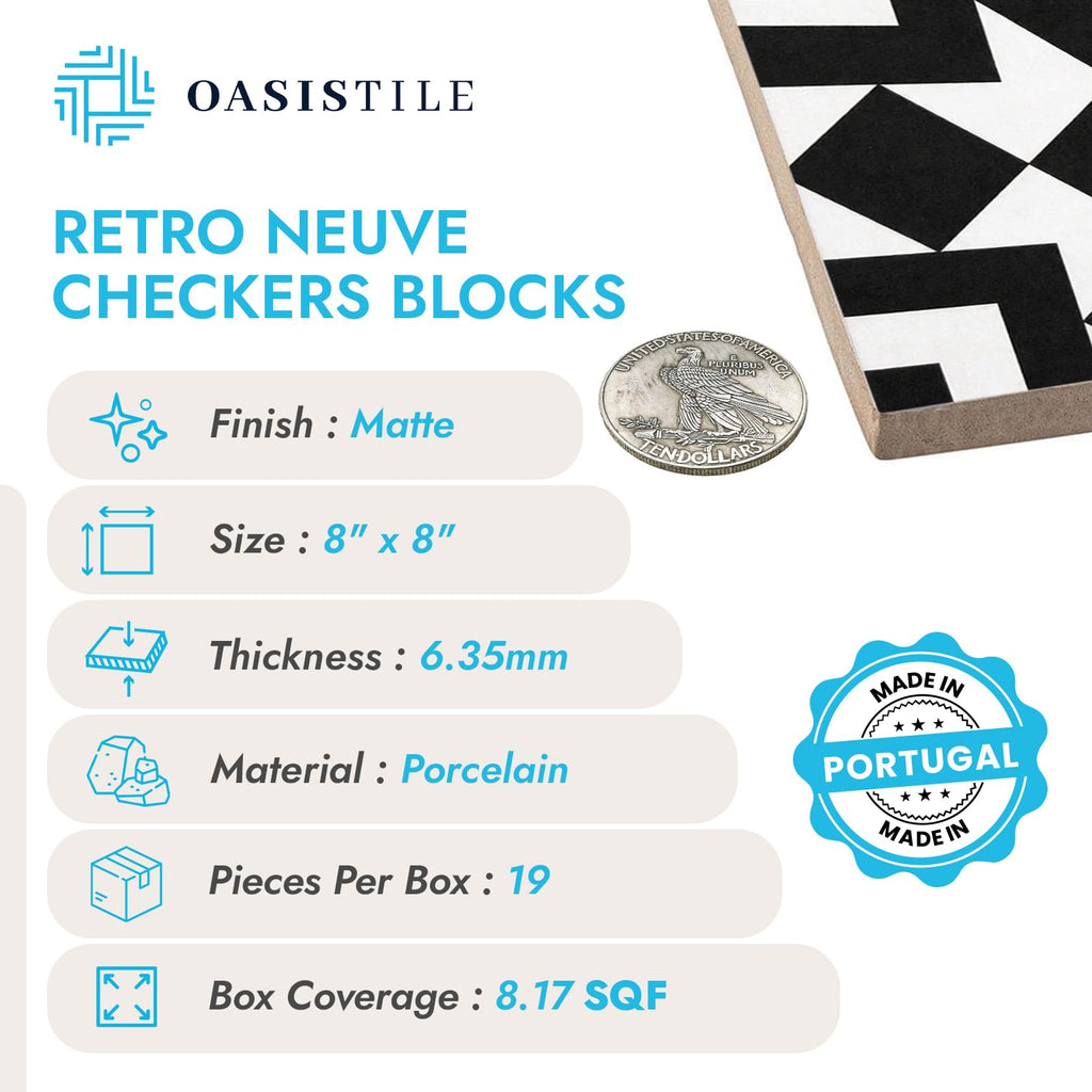 Oasis Tile Retro Neuve Checkers Blocks | 8x8 Matte Porcelain Tile