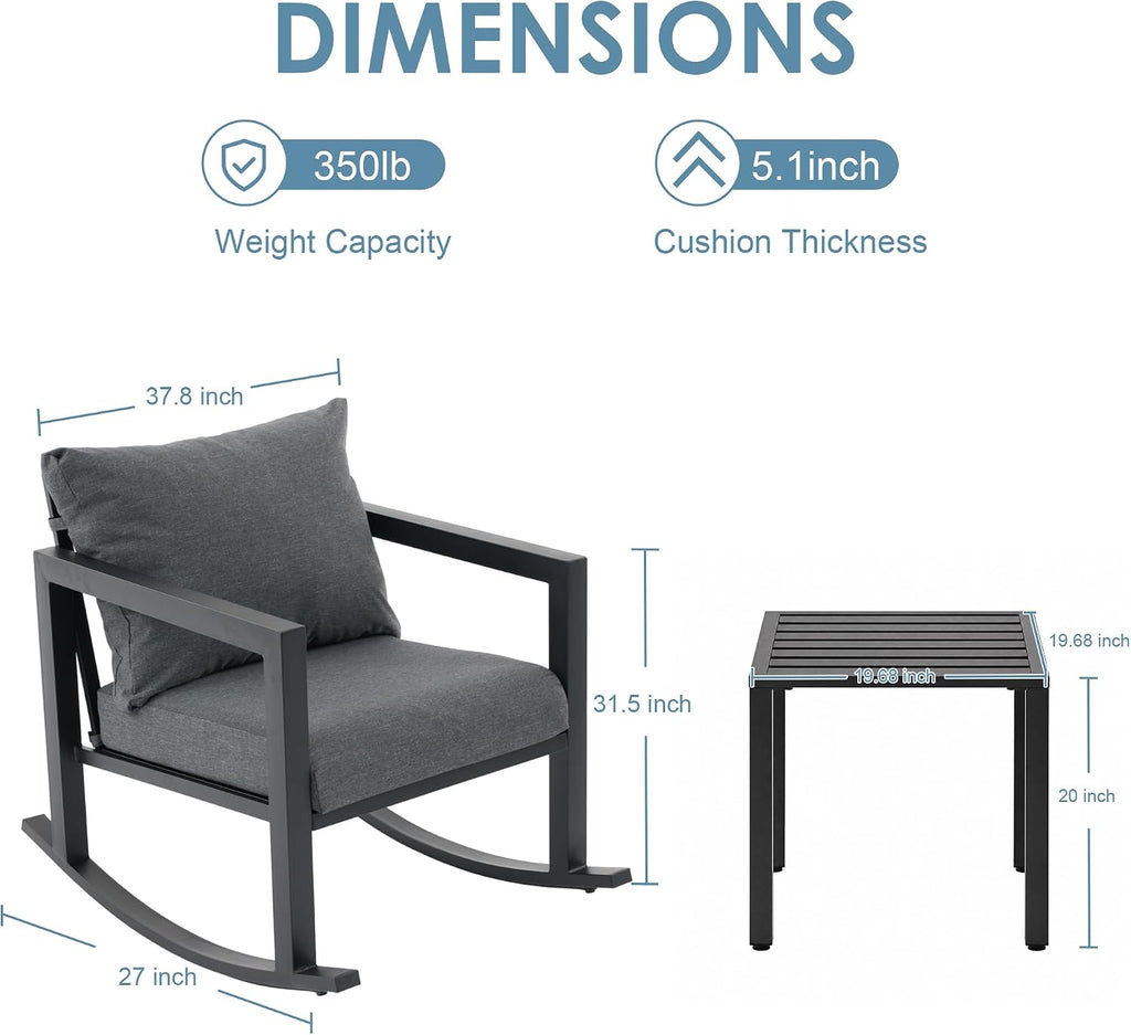 Outdoor Rocking Chair Set 2 with Coffee Table, 3 Piece Metal Rocking Bistro Set with 5.1" High Density Cushions for