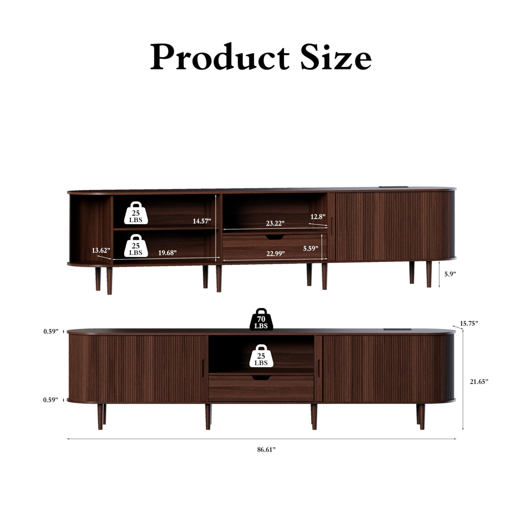 86.6" Fluted TV Stand with Power Outlet for TVs up to 90", TV Console with Adjustable Shelves and Sliding Door, Mid