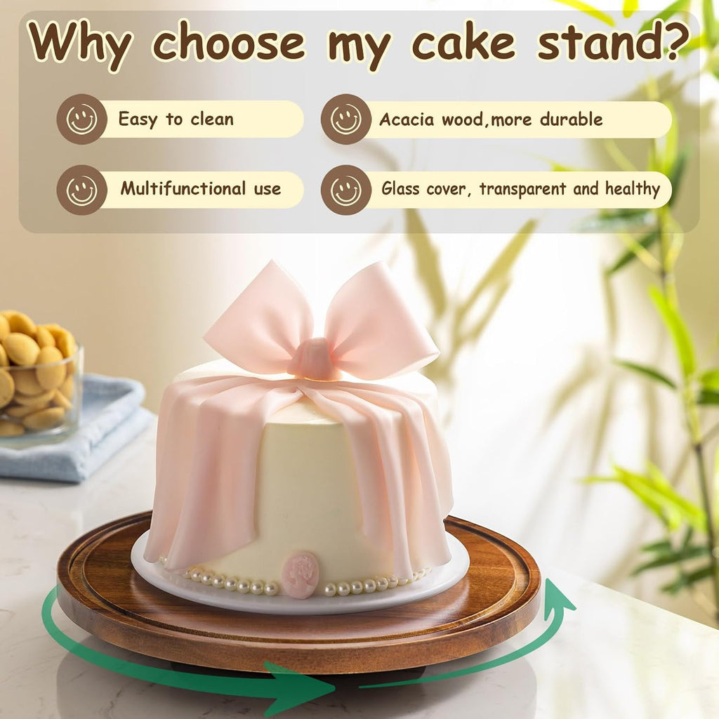 Cake Holder with Lid: 11in Wooden Rotating Cake Stand w/Glass Dome