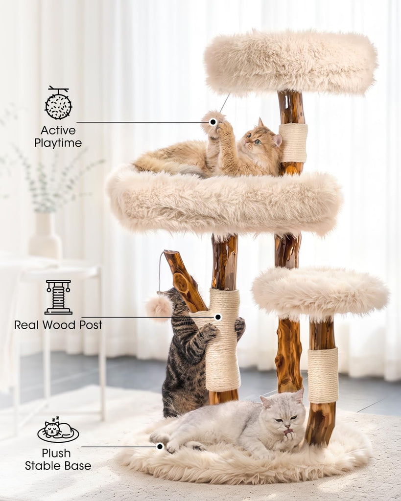 Solid Wood Cat Tree, Boho Modern Cat Tree Tower with Real Branch