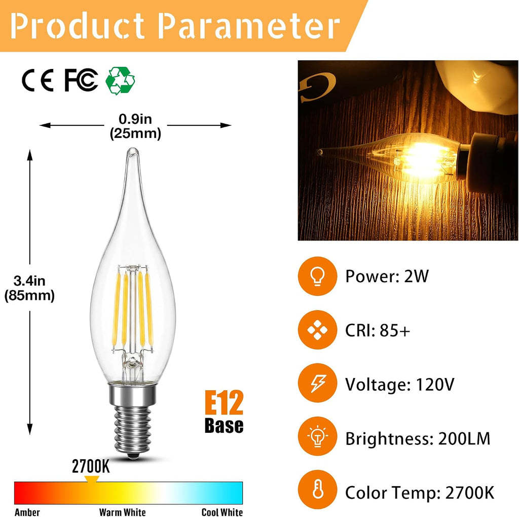 E12 25 Watt Candelabra LED Flame Light Bulbs,2W 2700K Warm White 200LM