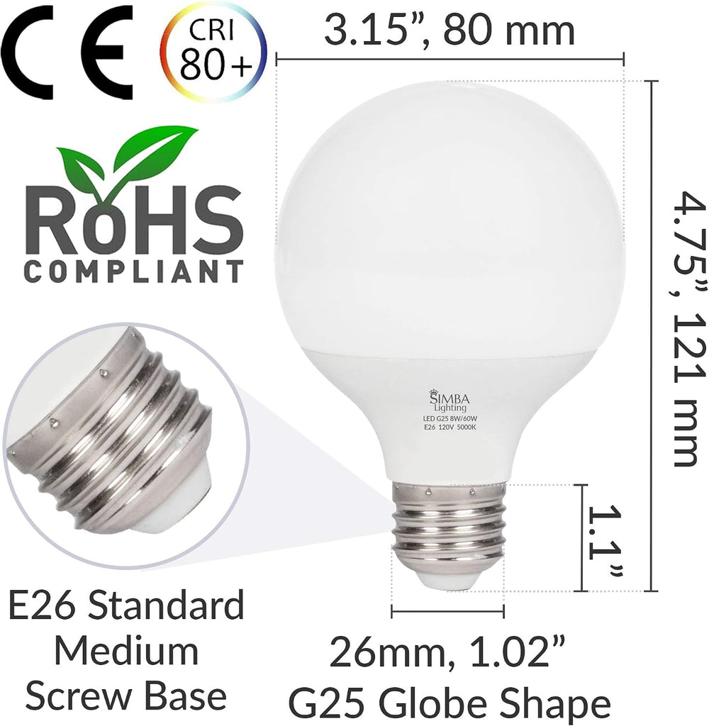 LED G25 Bulbs 8W 60W Equivalent 120V E26 Daylight, 3 Pack