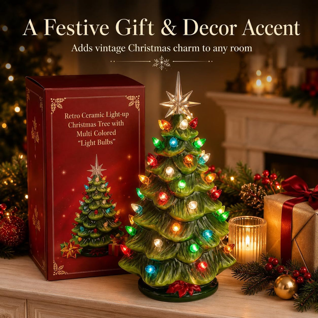 13 Inch Ceramic Christmas Tree with Multicolored Lights and Star, Battery Operated Vintage Lighted Tabletop Christmas