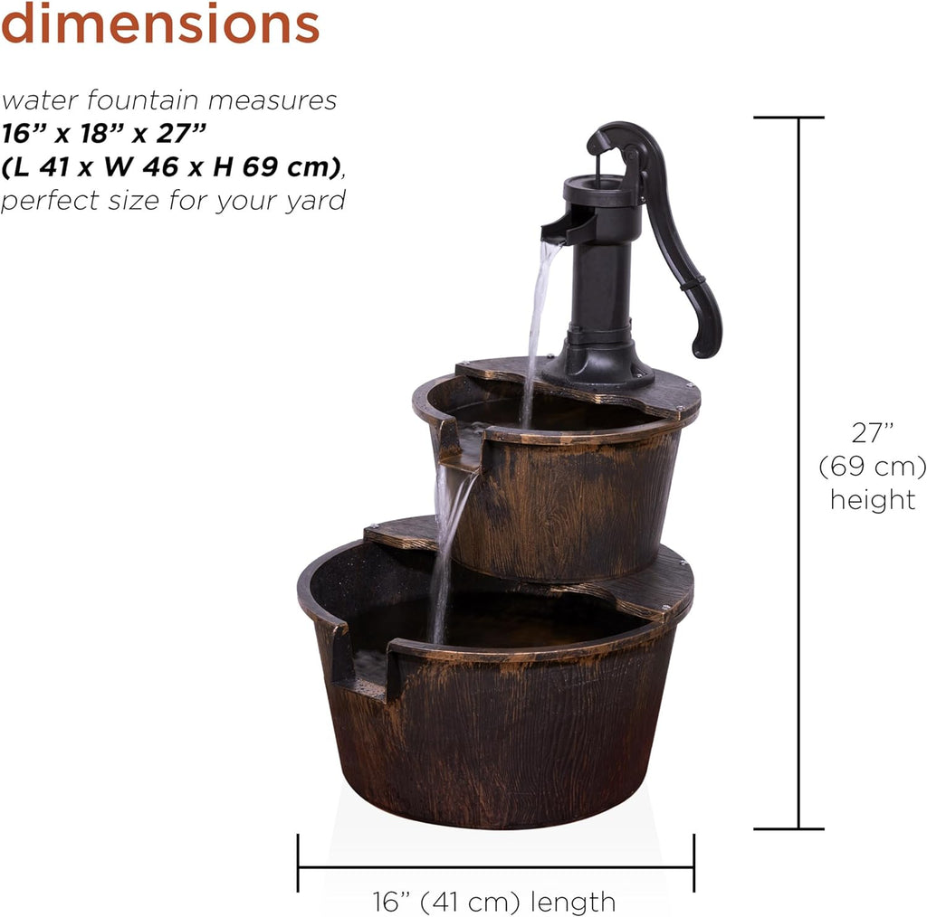 27" Tall Rustic Outdoor 2-Tier Barrel Pump Water Fountain with Soothing Cascading Water Flow, Landscape, Bronze