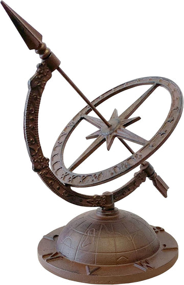 Cast Iron Armillary Sundial with Starburst | Decorative Garden Globe with Roman Numerals | Antique-Style Sphere, or