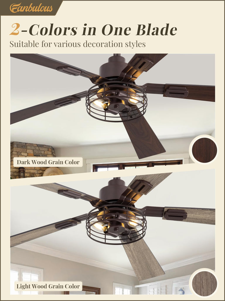 48 Inch Farmhouse Rustic Ceiling Fan with Light & Remote, 2 Pack