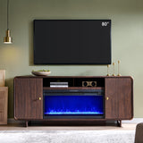 70 Inch Modern Fireplace TV Stand for TVs up to 80 Inches, Fluted Entertainment Center with 36 Inch Electric Fireplace, Curved Wood Media Console with Adjustable Shelves, Brown