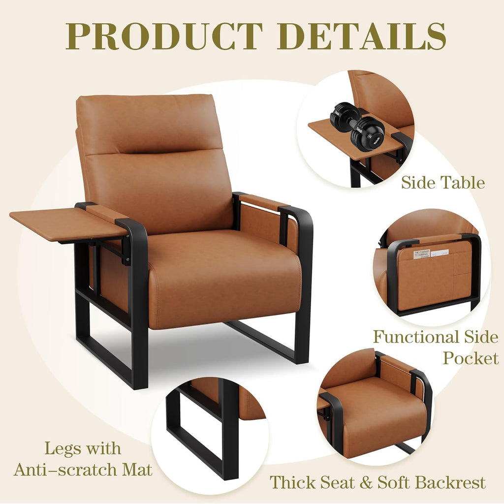 Brown Accent Chair PU Leather Upholstered Armchair with Side Table