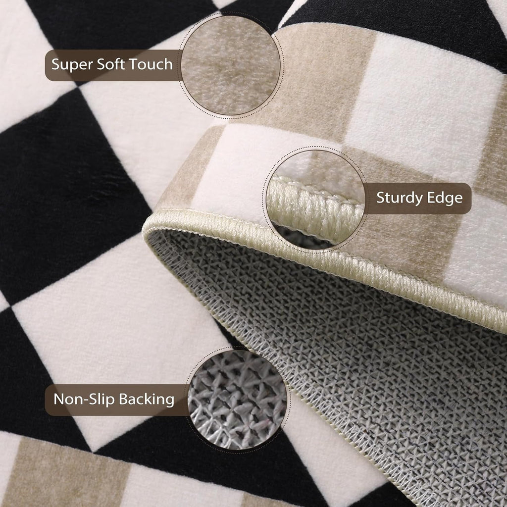 Checkered Rug, Black Washable Bedroom Area Rug Checked Kids Room Rug, Non-Slip Soft Low Pile Stain Resistant