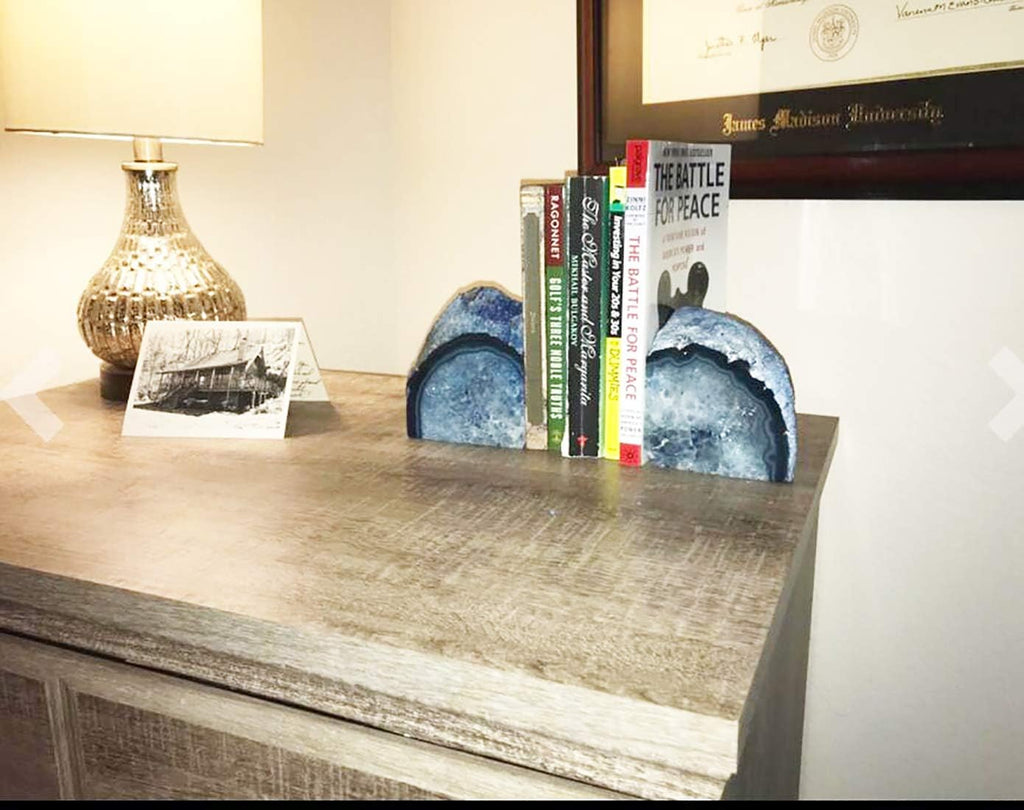 Heavy Blue Agate Geode Bookends Anti-Slip Rubber Pads Decor 6-8 lbs | 1Pair dyed blue crystal bookends Large heavy