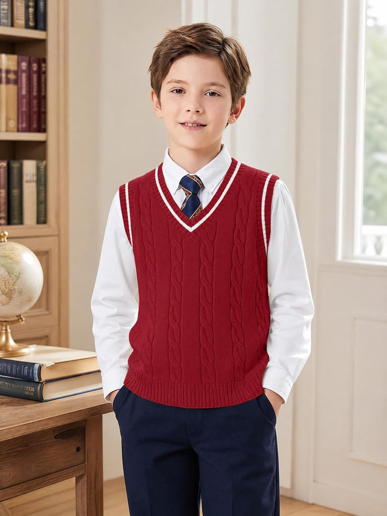Boys Sweater Vest Cable Knit V Neck School Uniform Rib Tops